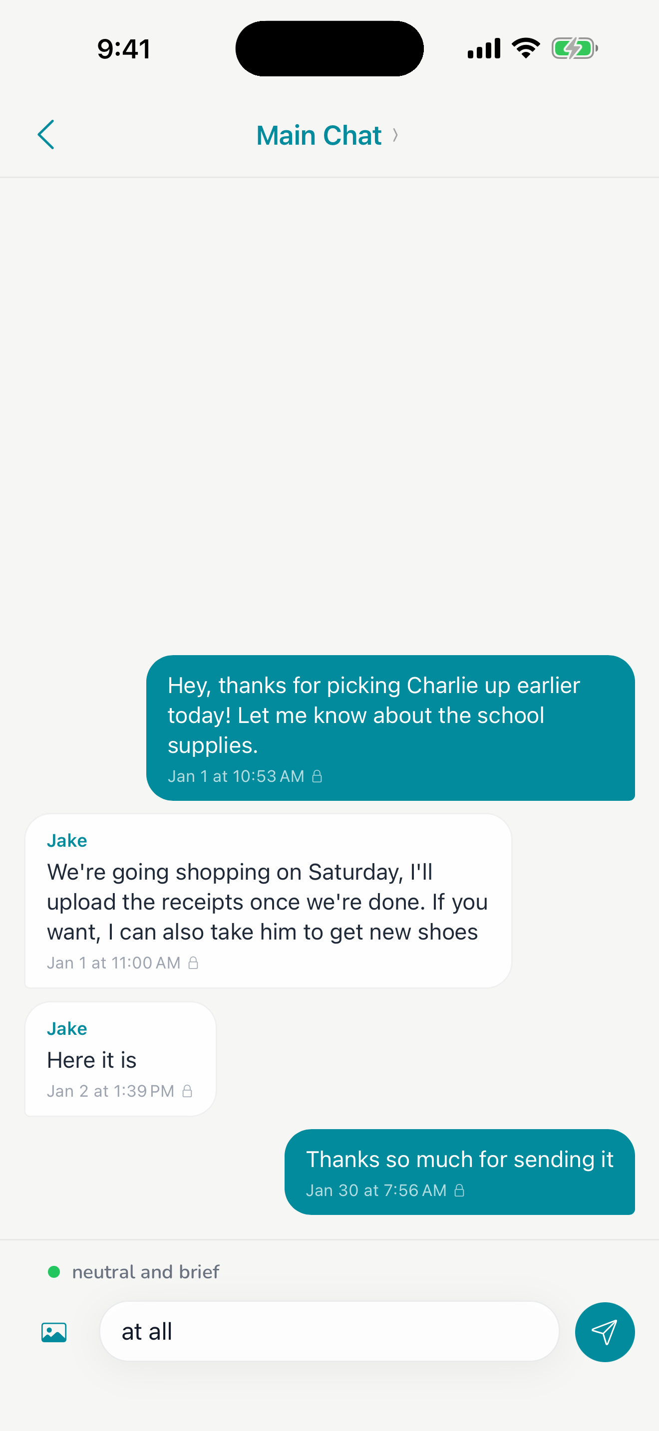 A co-parent conversation in Harbor with timestamps on every message