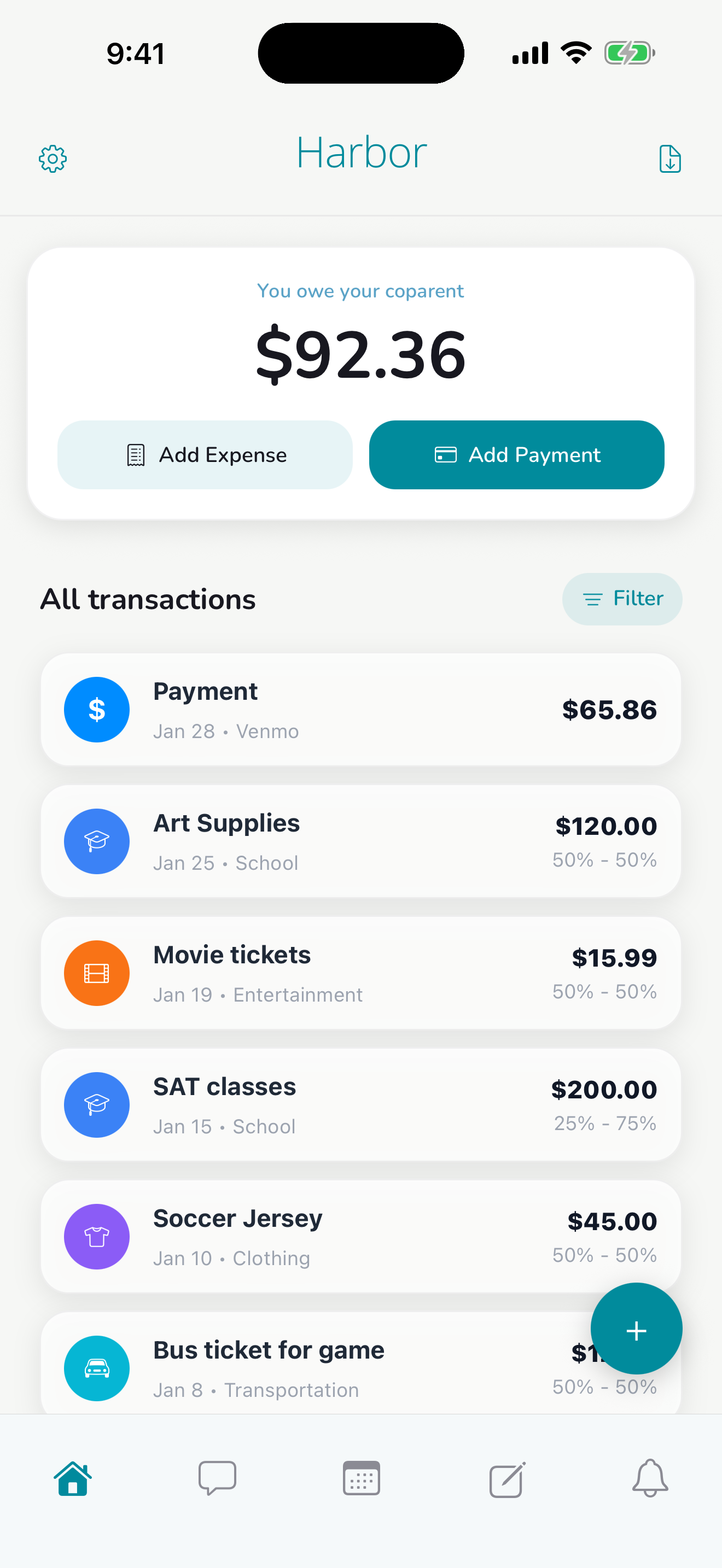 Harbor expenses screen showing the running balance and each split